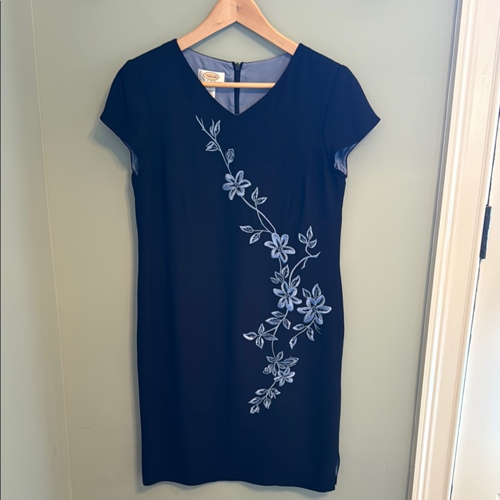 Talbots Elegant Black Dress with Blue Floral Design